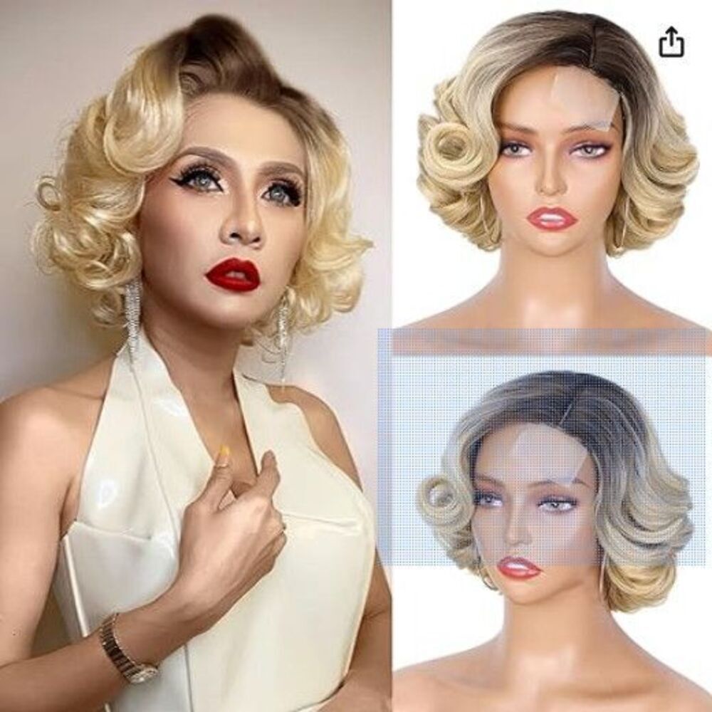 Short Curly Bob Wig Loose Wave Side Part Bob Short Synthetic 10" mixed blonde